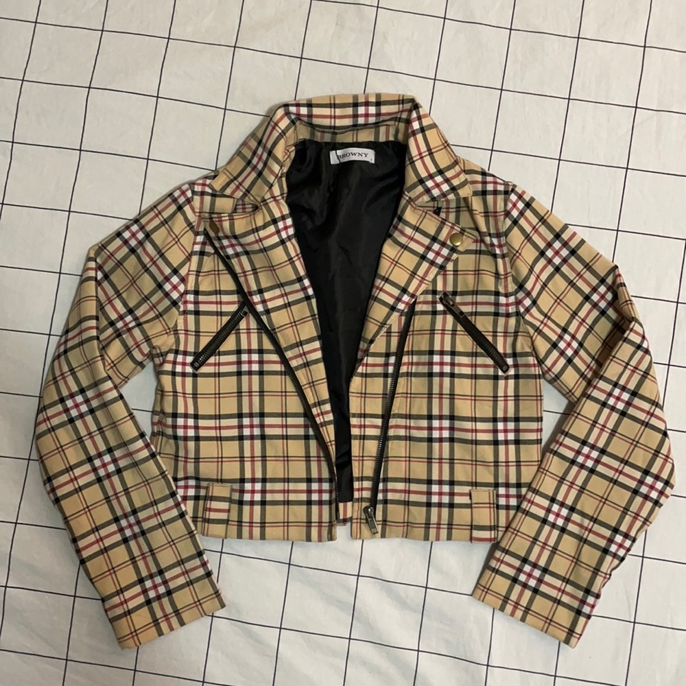 Lightweight Cropped Knit Asymmetric Zip Plaid Blazer Jacket